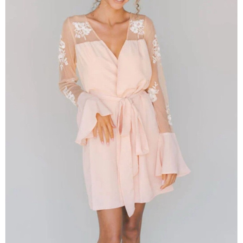 Vintage Pink Nightgown Lace Floral Mid Night Gown Laces Long Sleeves Pink Brida